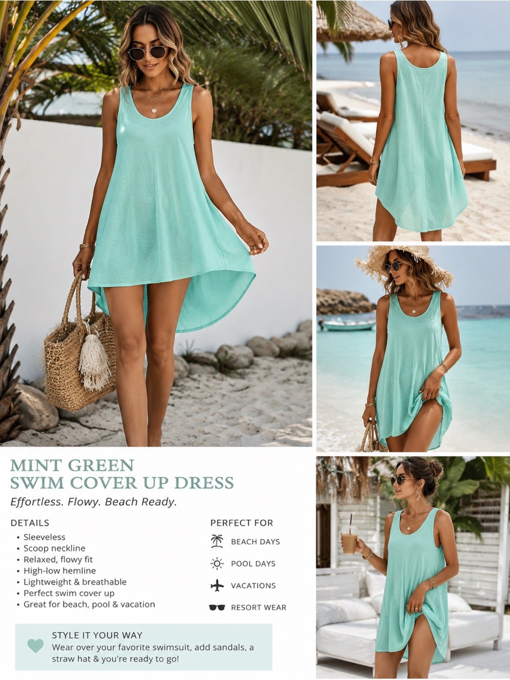 Mint Green High Low Tunic Tank Top Flowy Sleeveless swim coverup